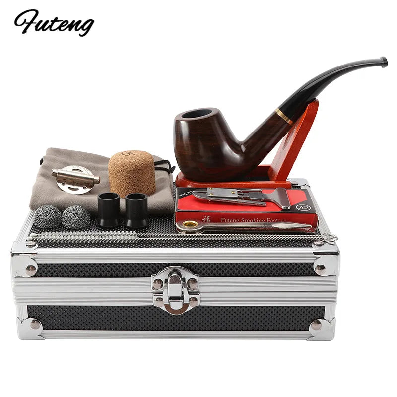 Perfect Gift Set - 1 Smoking Ebony Pipe w/ 3-in1 Tool, Pipe Rack,  Cigarette Accessories, & Aluminum Storage Box Cigarette Accessories