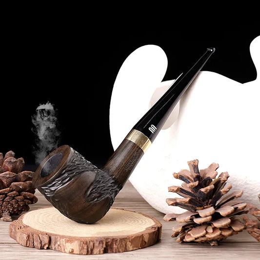 MUX -  Handmade Carved Dark Ebony Wood Straight Stem Tobacco Pipe 9mm