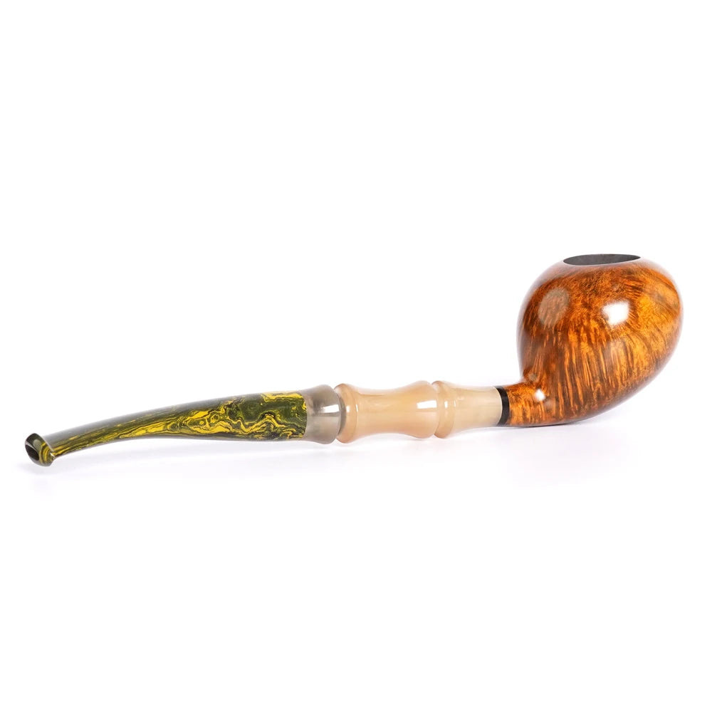 MUX -  Briar Tobacco Horn Pipe w/ Colored Resin Stem